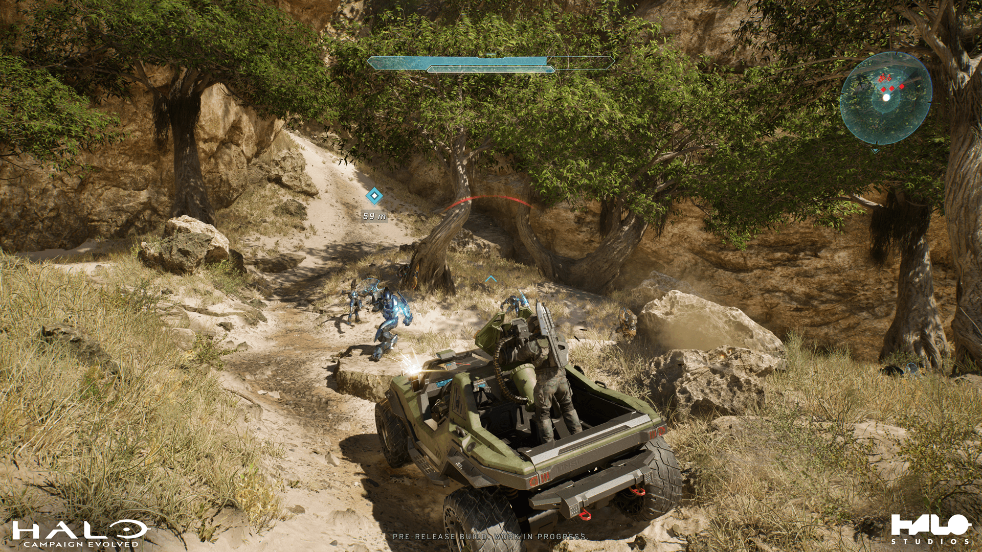 Halo Campaign Evolved gameplay showing vehicle combat and UI