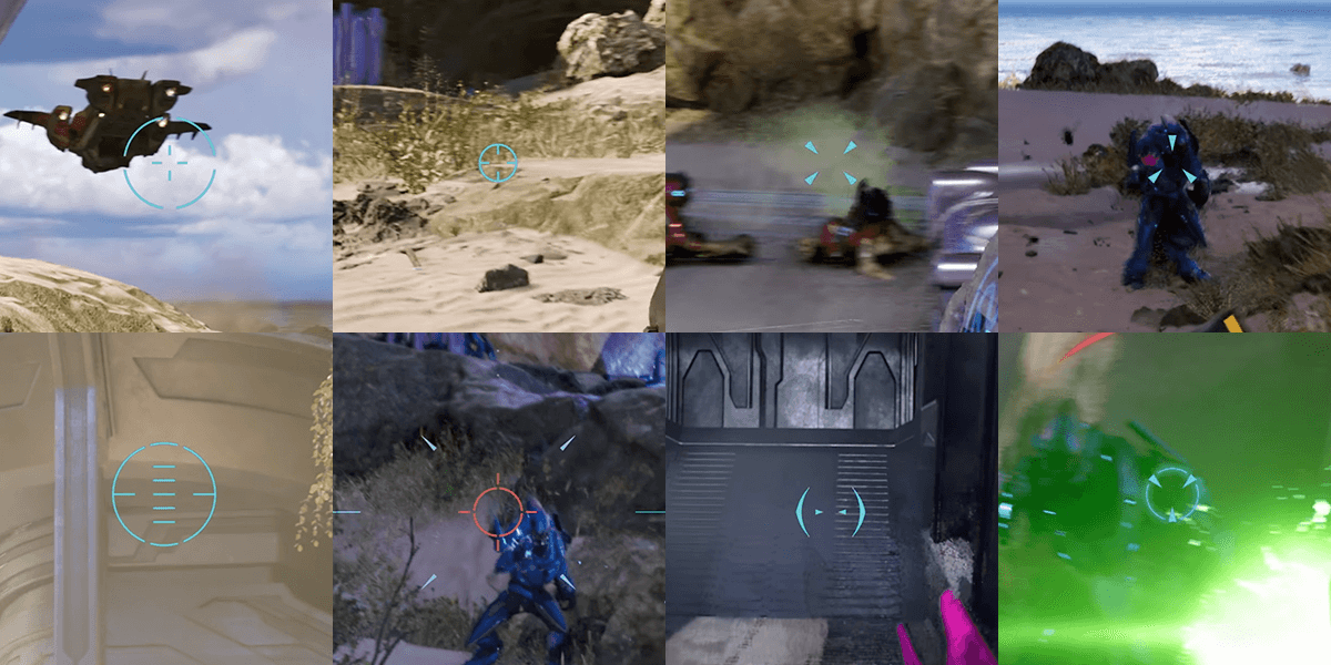 Collection of 8 different reticle designs from Halo Campaign Evolved