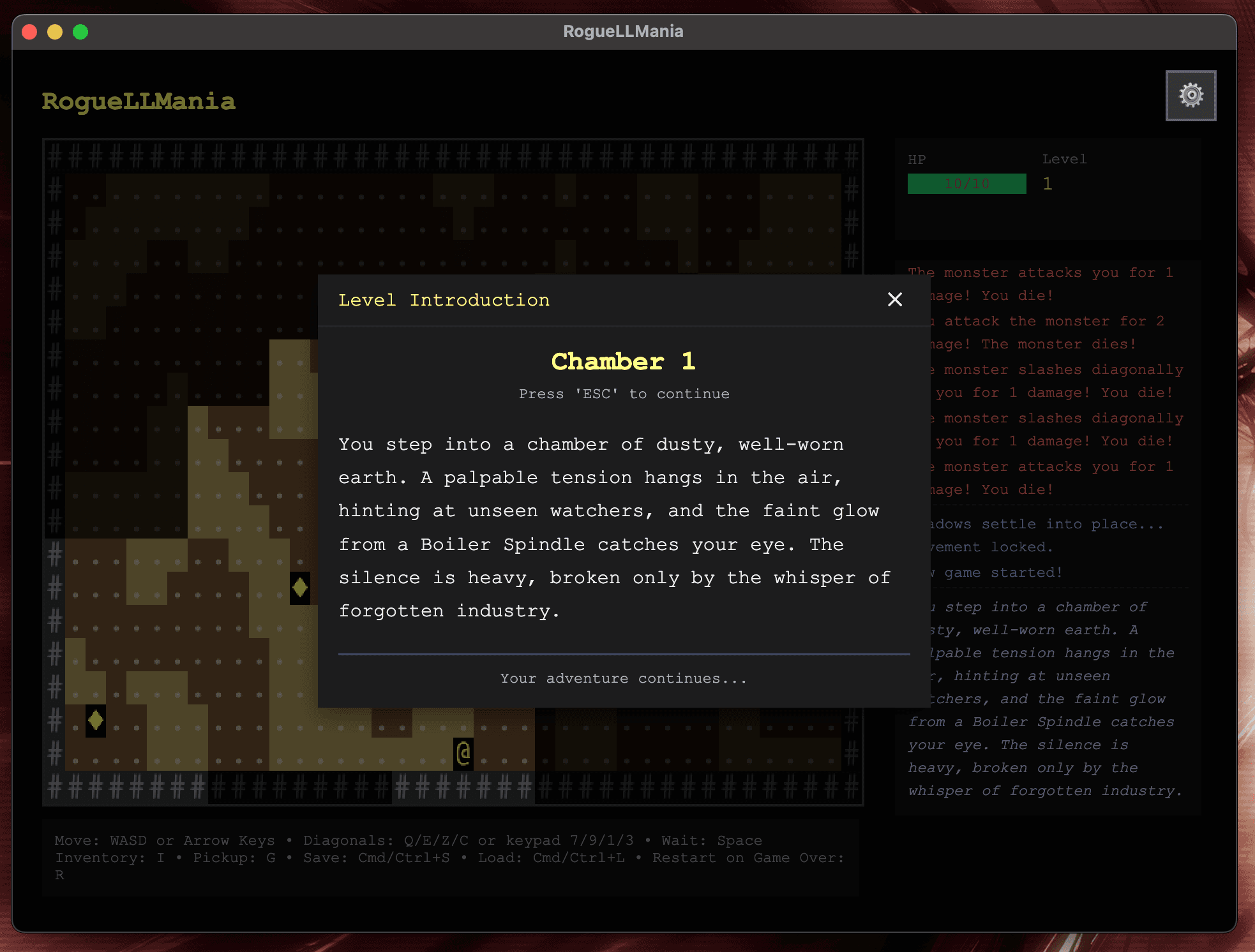 RogueLLMania level introduction with LLM narration