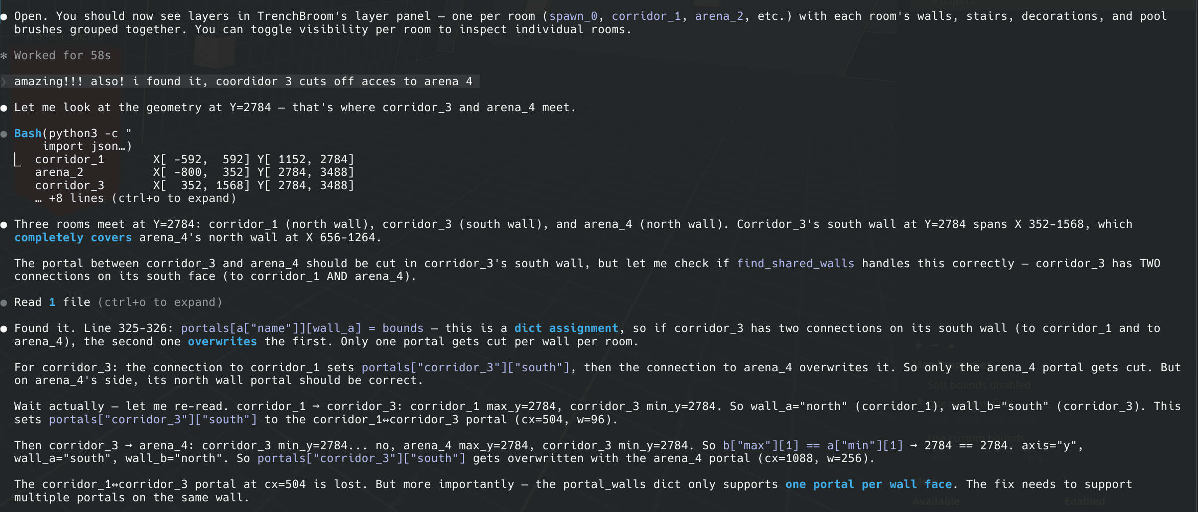 The agent debugging a traversability bug in generated Quake map geometry — tracing portal connections through corridor intersections.