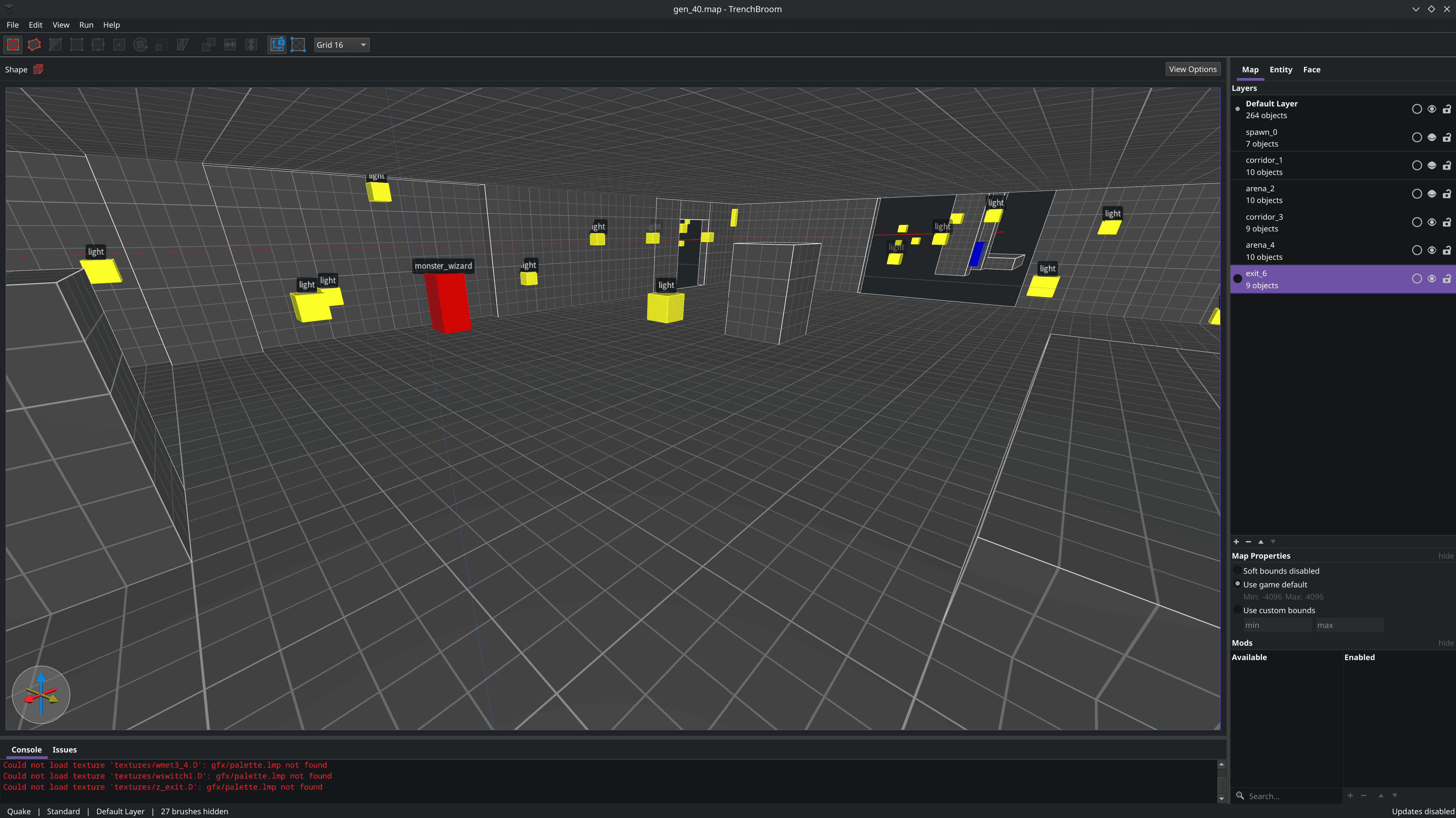 The generated map open in TrenchBroom with named layers. Same .map file the agent writes, same editor I'd use for a hand-built level.