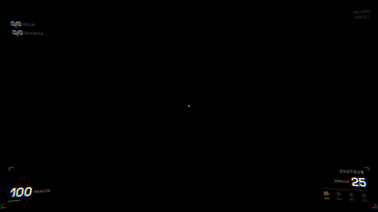 Barrel warp distortion and chromatic aberration on the HUD. The UI bends like it's projected onto a curved screen — red, green, and blue channels split at the edges.