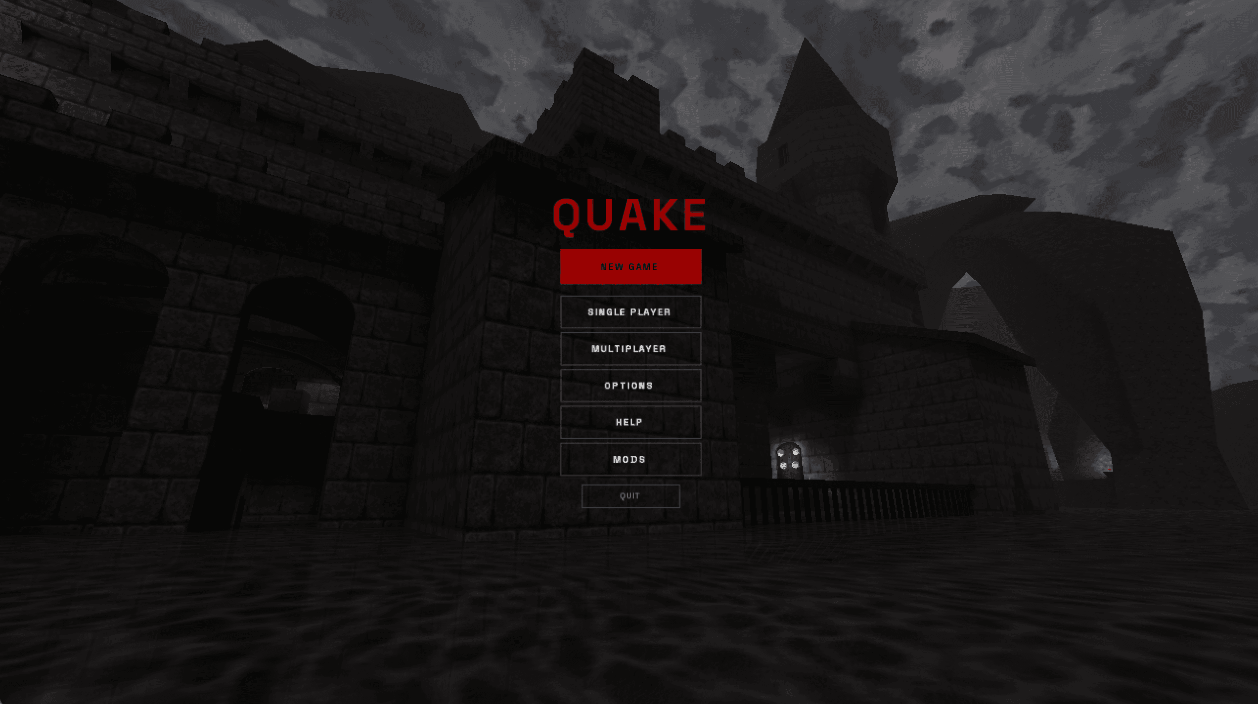 The main menu running in-engine. Same markup, styled with RCSS — wire-frame buttons, Space Grotesk, Quake red.