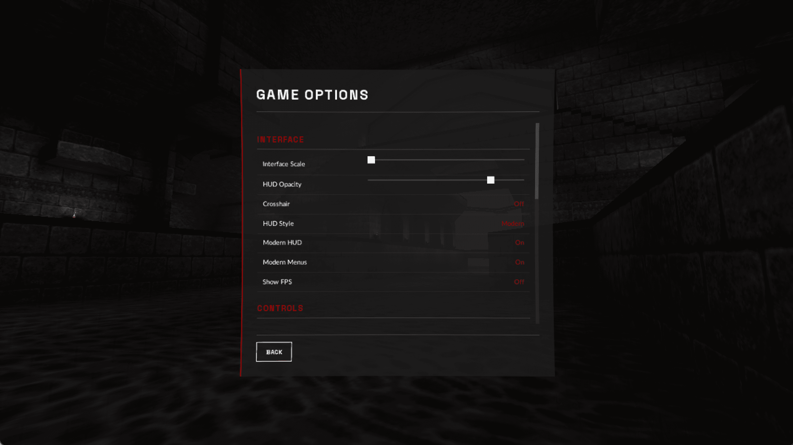 The options menu — every slider and toggle driven by the same cvar binding pattern. No custom code per setting.