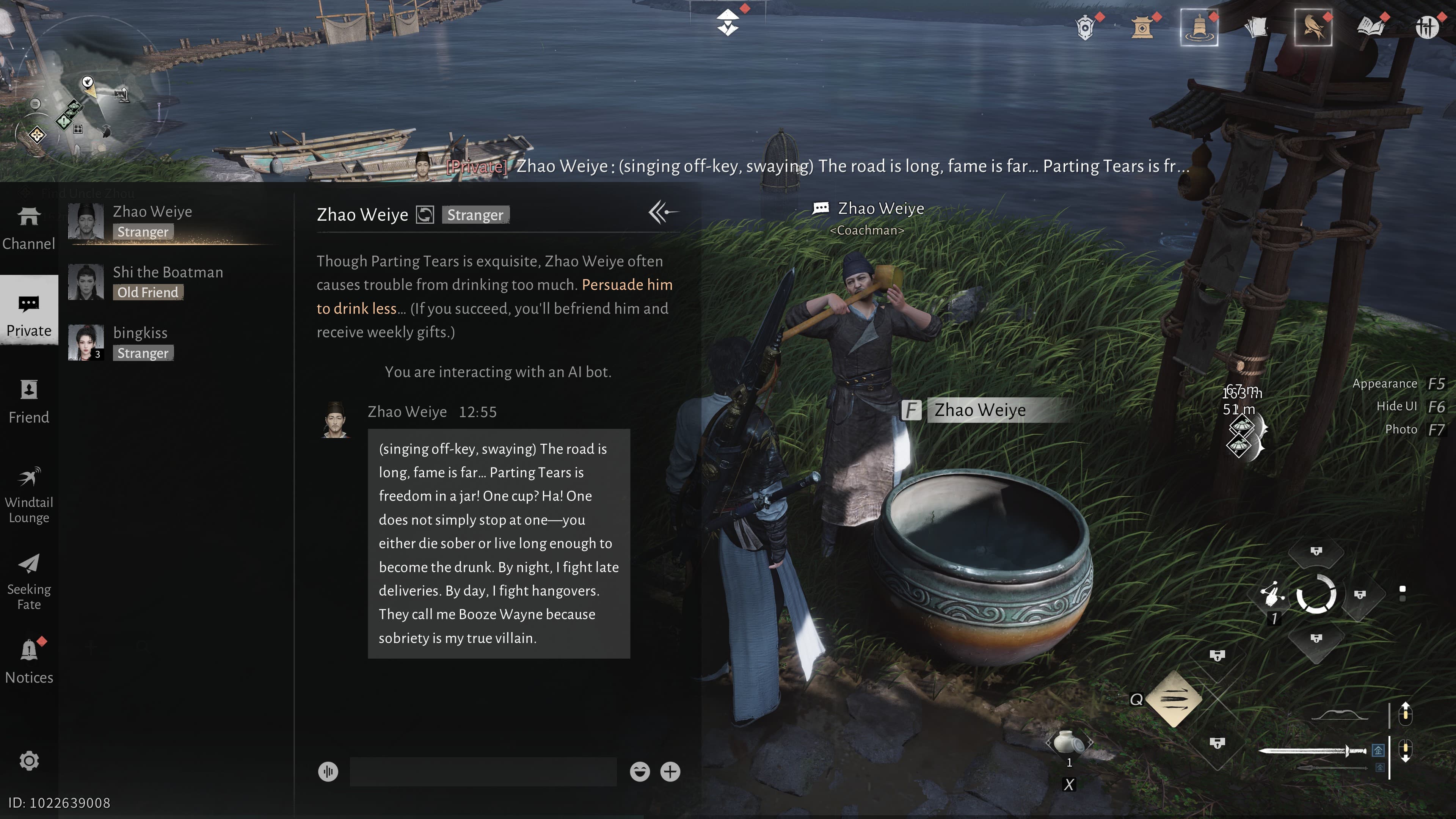 Where Winds Meet. An authored objective is wrapped in a chat interface and semantic input.