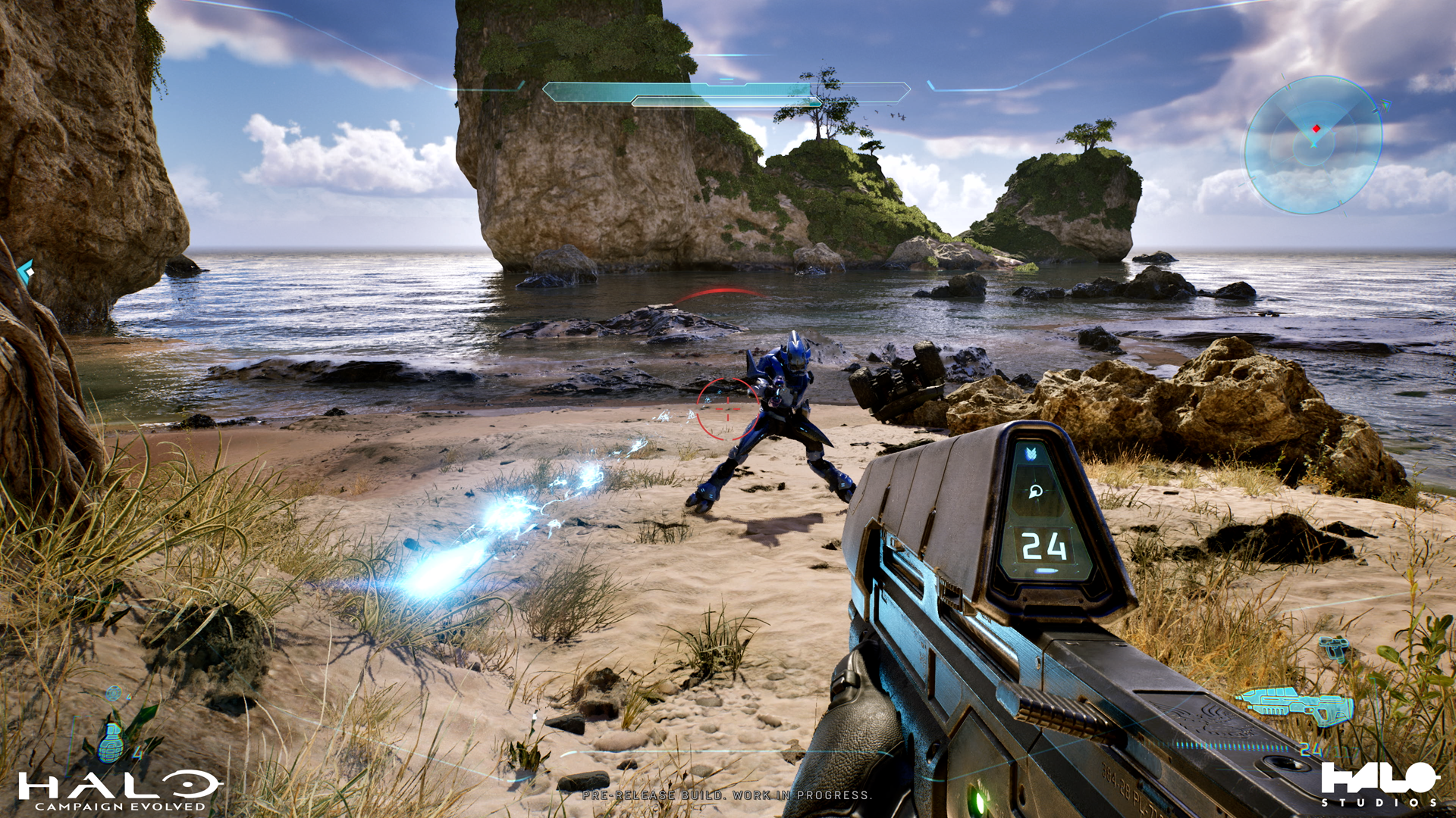Halo Campaign Evolved gameplay screenshot showing HUD and combat