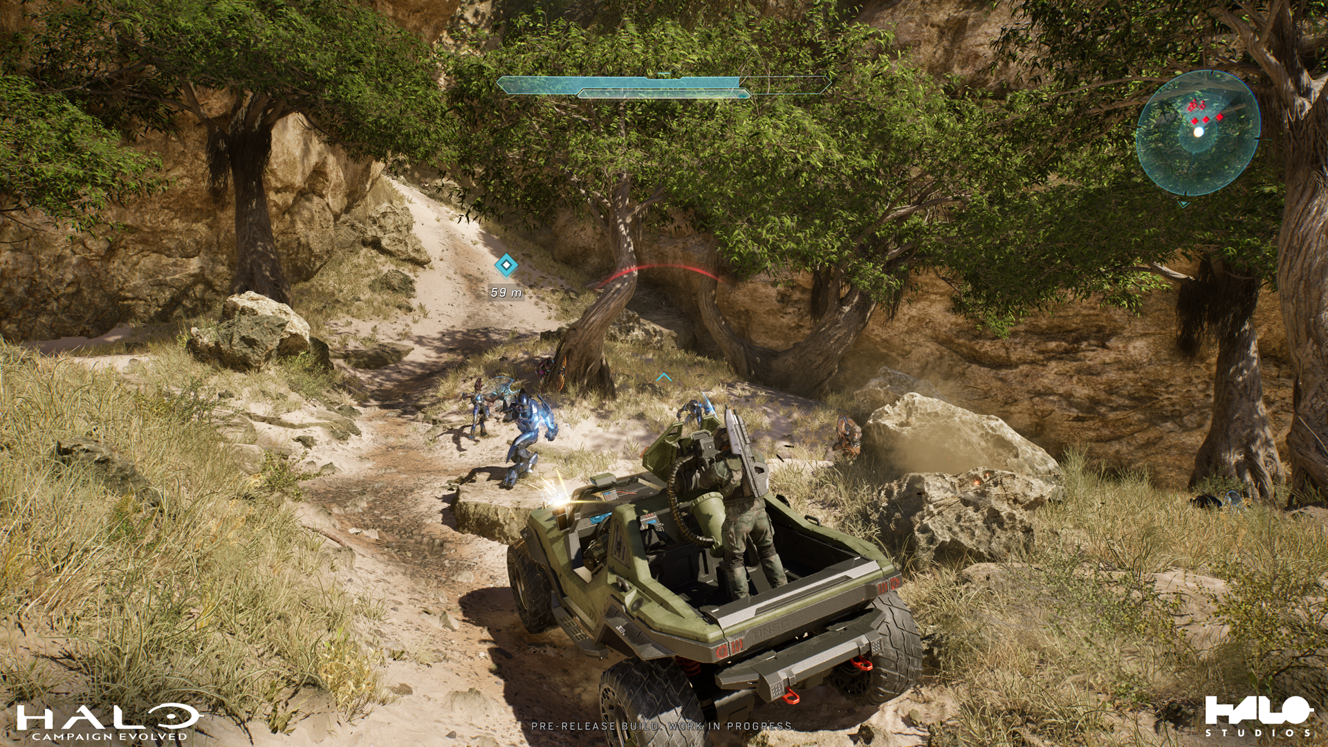 Halo Campaign Evolved gameplay showing vehicle combat and UI